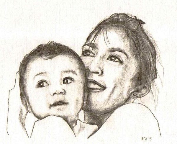 A drawing of Jonathan Ke Quan and his mother
